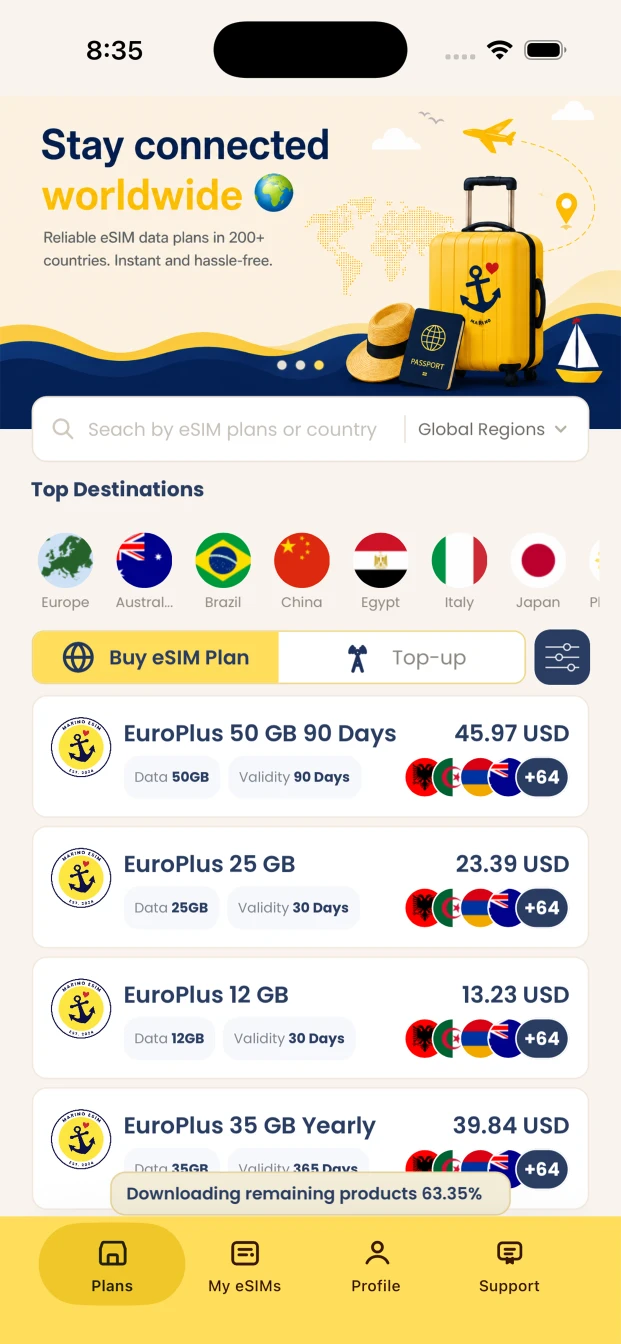 Marino eSIM home screen with destination browsing and available eSIM plans.