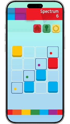 Spectrum 6 gameplay showing colored tiles and a color-mixing puzzle.